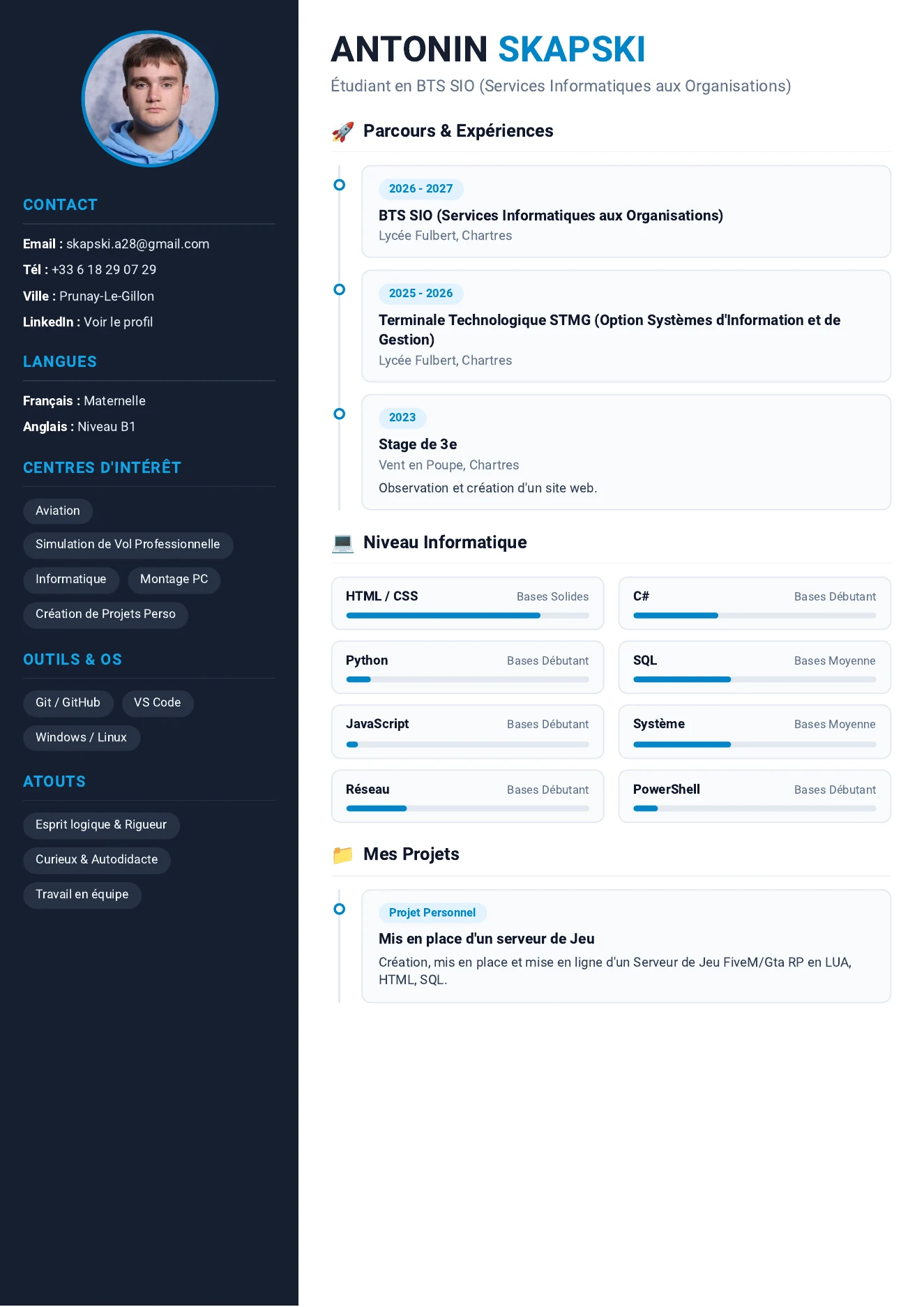 CV d'Antonin Skapski : étudiant en BTS SIO au Lycée Fulbert, parcours, compétences informatiques et projets.